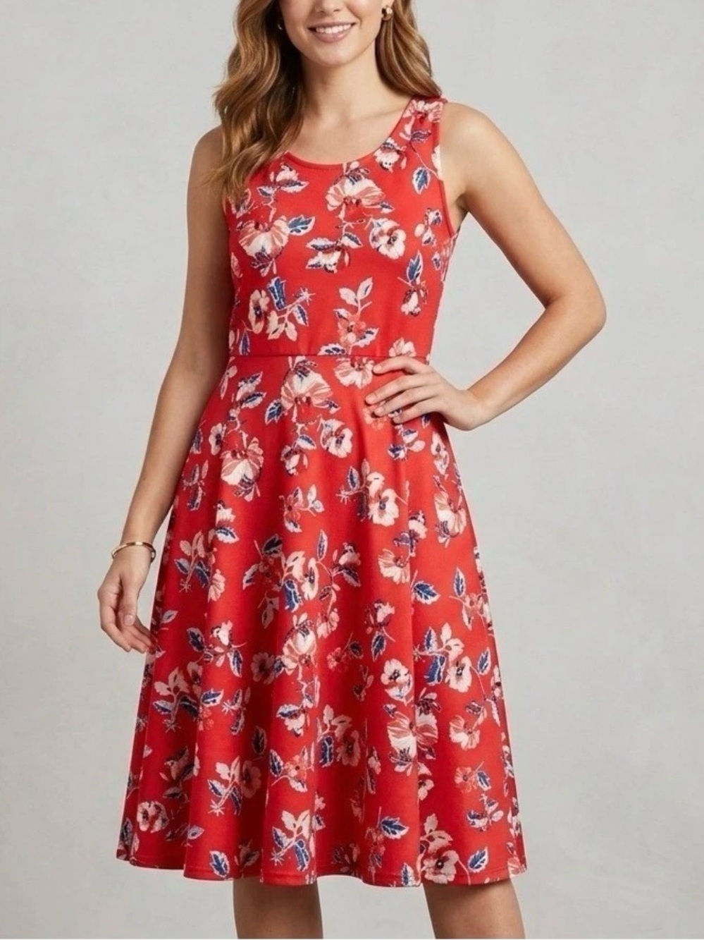 Agnes & Dora Dress Red Multi Floral Sleeveless Fit Flare Midi Large
